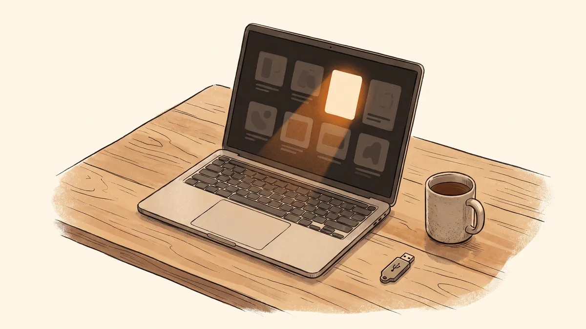 Overhead view of a laptop on a wooden desk with a highlighted digital file card on screen next to a coffee mug.