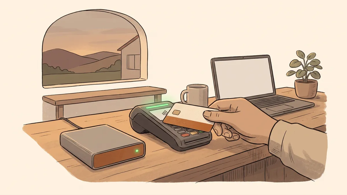 A customer tapping a credit card onto a payment reader next to a sleek backup internet router on a counter.