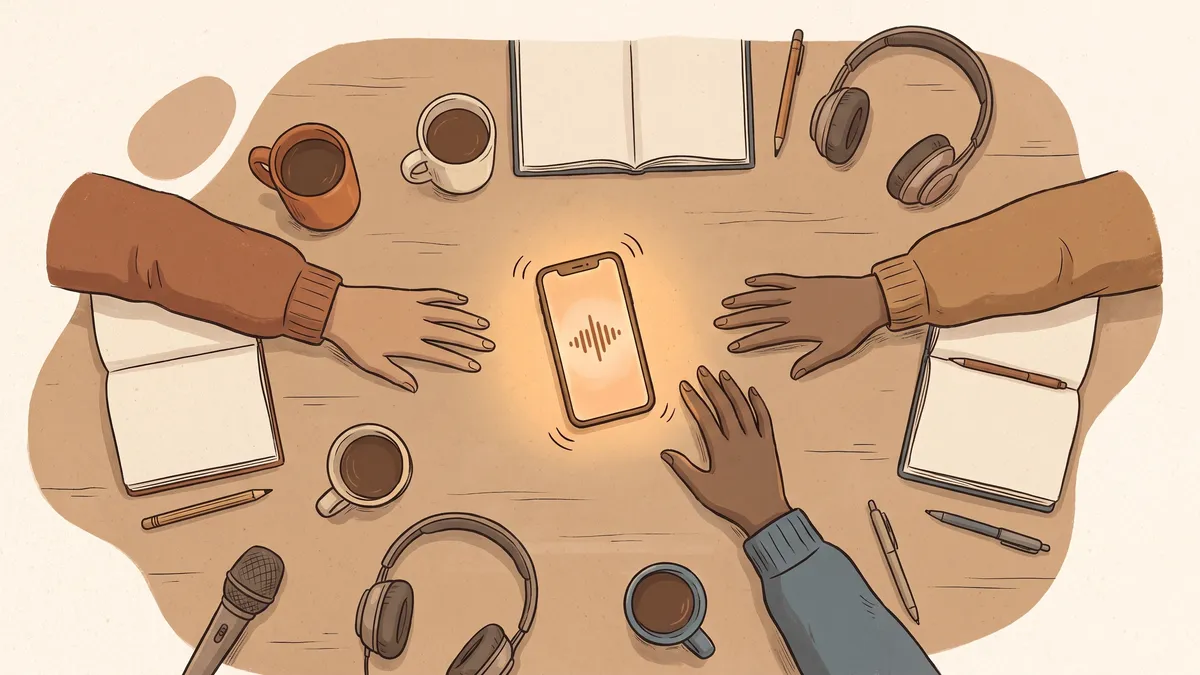 Overhead view of three people reaching for a single buzzing smartphone on a wooden office table.