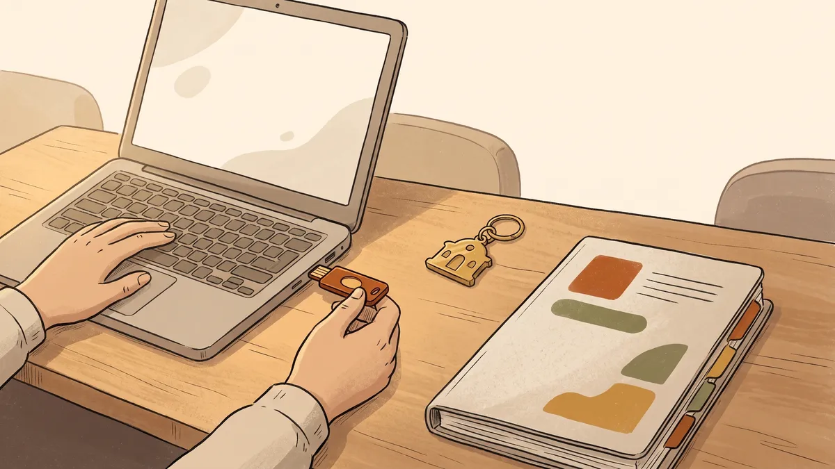 Close-up of hands plugging a security token into a laptop alongside municipal keys on a wooden desk.