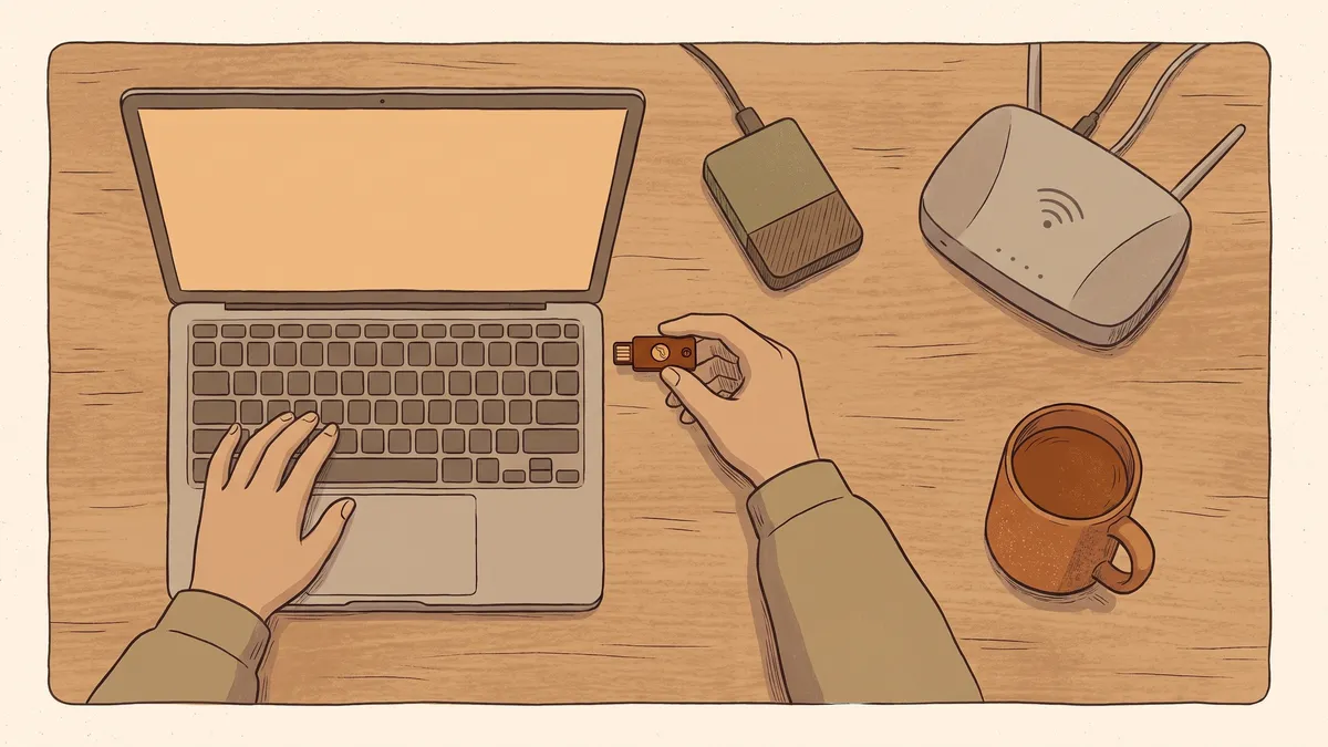 Hands plug a hardware security key into a laptop alongside a backup drive and Wi-Fi router on an oak desk.