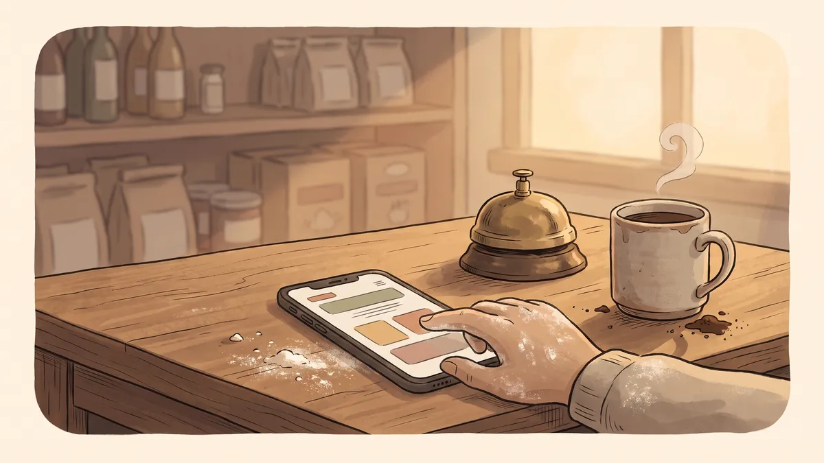 A shopkeeper's hand holding a smartphone with a website layout on a wooden counter beside a brass counter bell.
