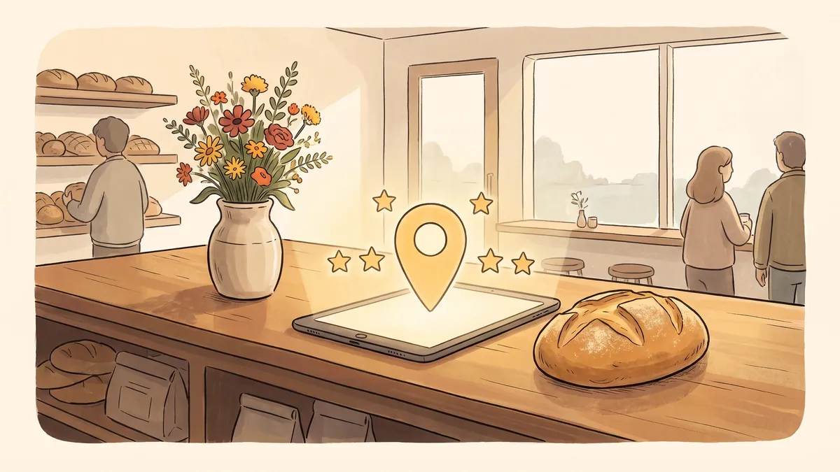 A digital tablet showing a map pin and five stars sits on a bakery counter next to fresh bread and wildflowers.