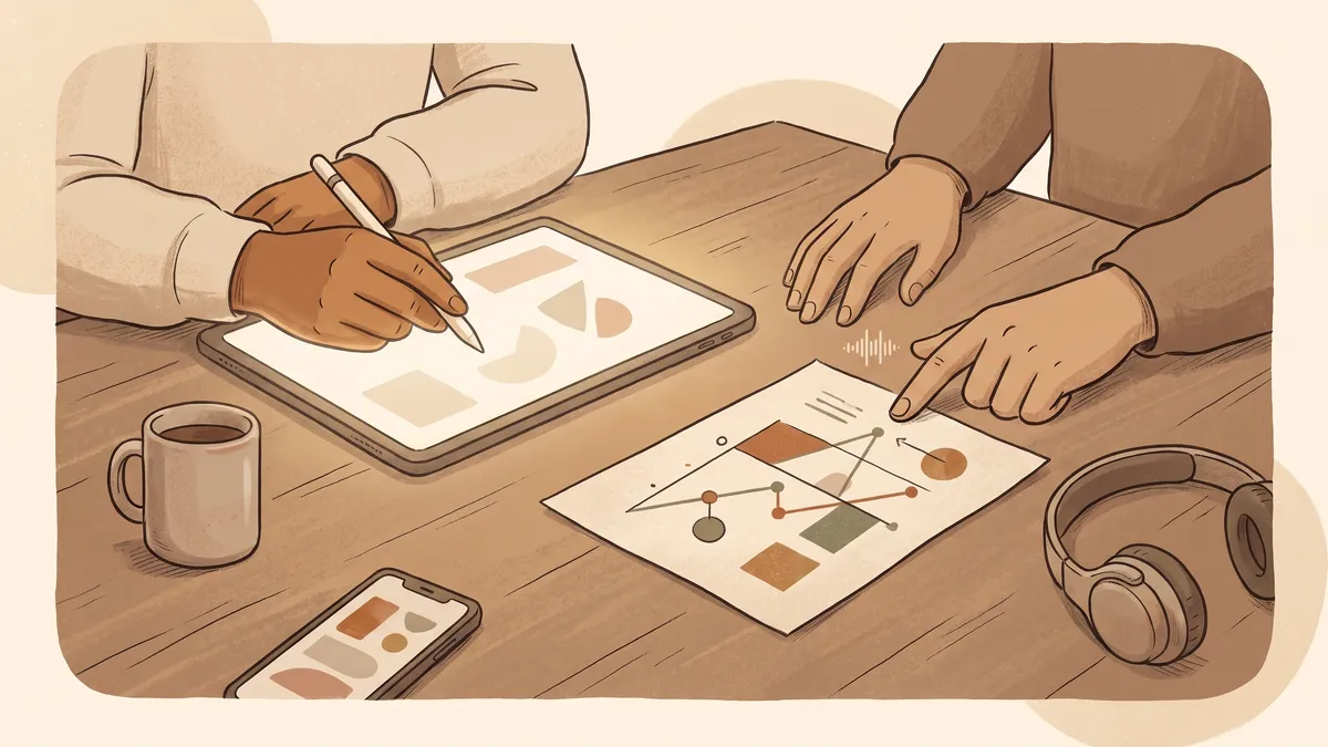Two colleagues at a wooden desk cautiously reviewing a glowing tablet screen with abstract data.