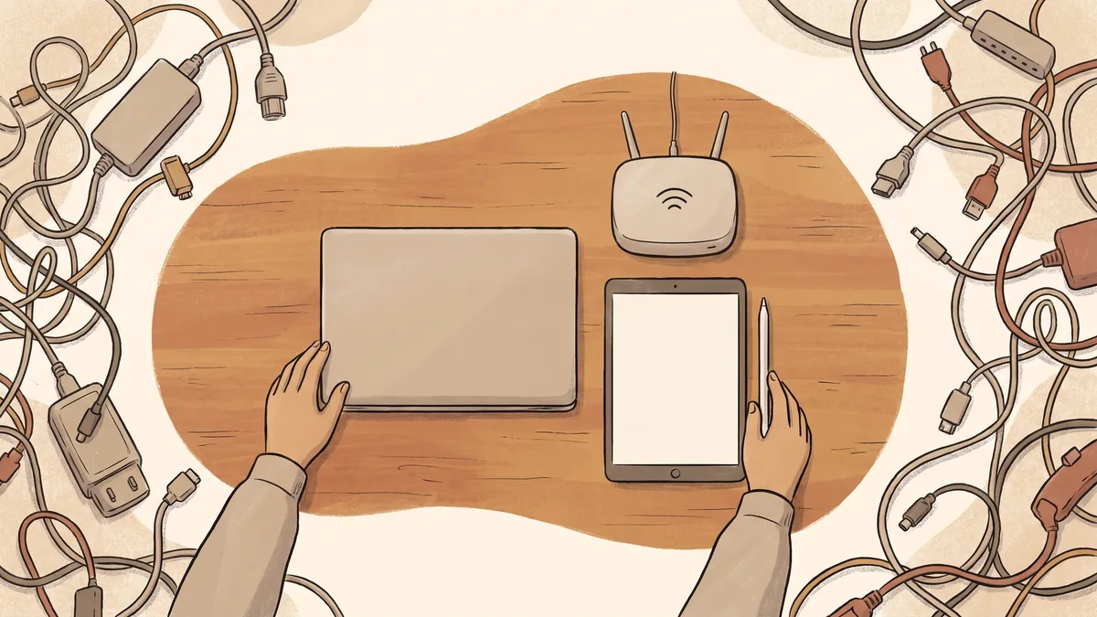 Overhead view of hands arranging neat office electronics on a wood desk while pushing away a mess of tangled cables.
