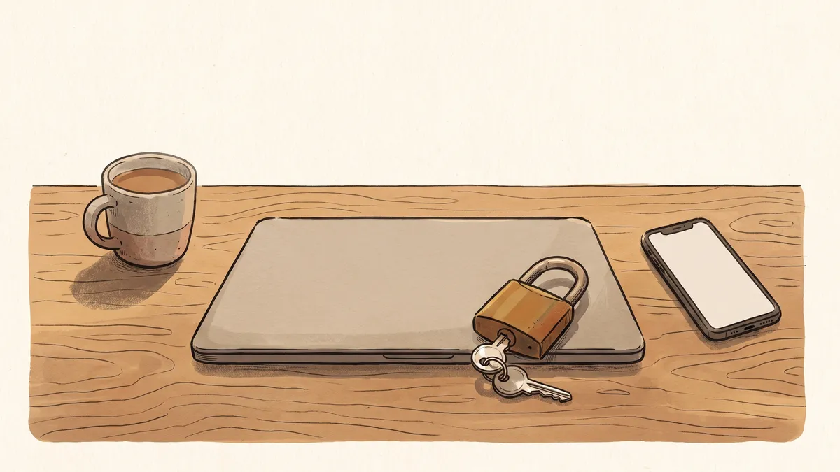 A brass padlock being unlocked with a key next to a closed laptop and coffee mug on a wooden desk.
