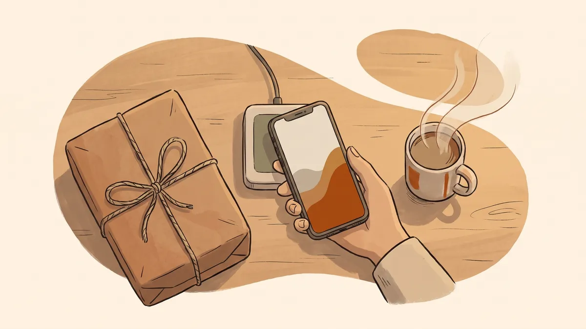 Overhead view of a customer tapping a smartphone against a modern payment reader on a wooden shop counter.