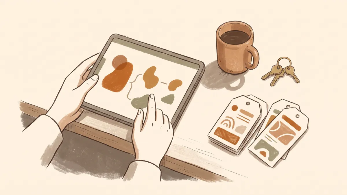 Overhead view of a shop owner using a tablet on a wooden counter beside a coffee mug and keys.