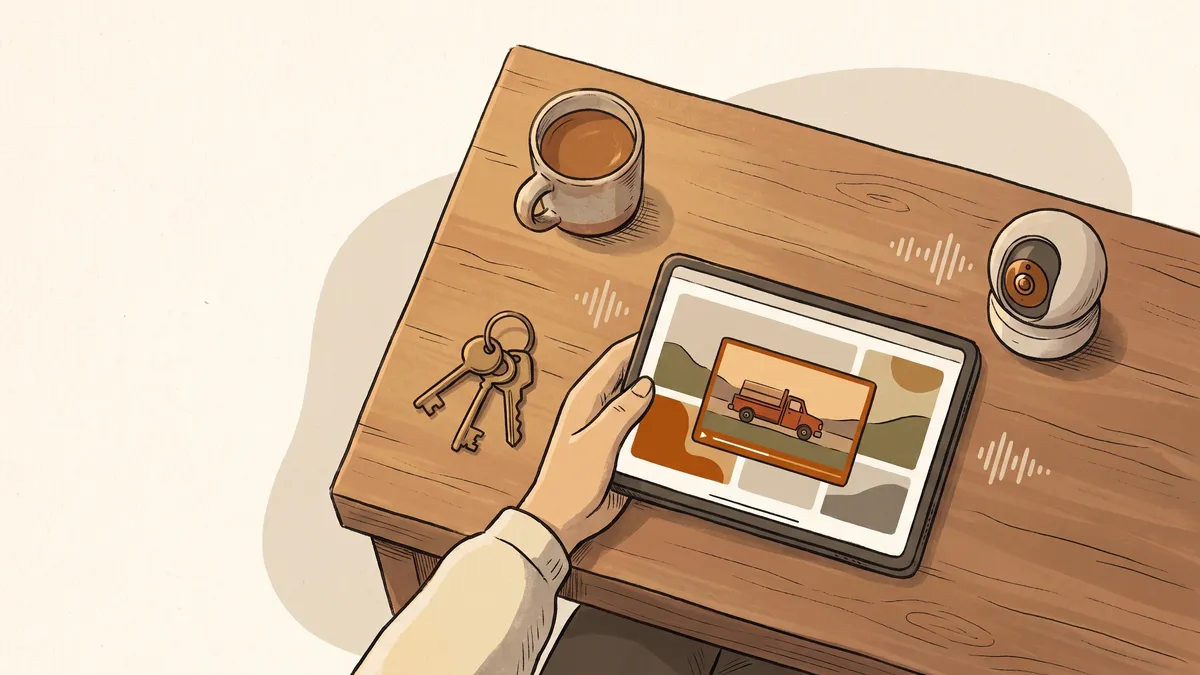 Overhead view of a hand holding a tablet with a video snapshot beside a ceramic mug and a modern security camera.