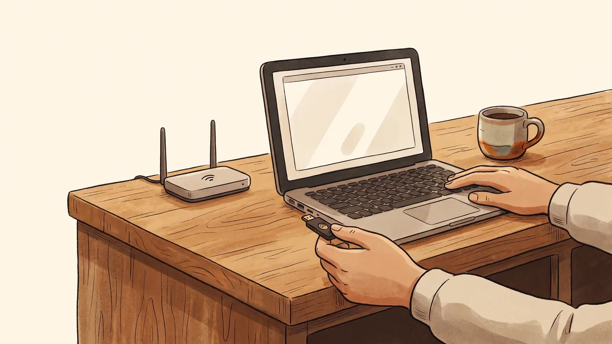 Hands inserting a USB security key into a laptop on a wooden counter next to a Wi-Fi router.