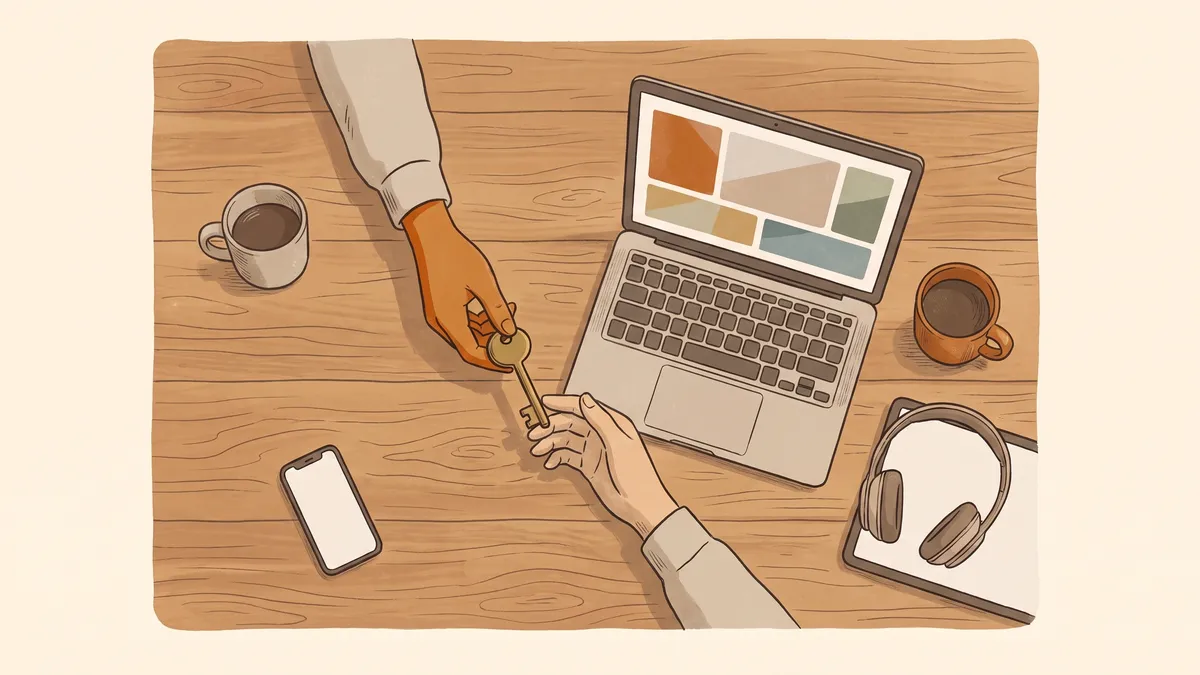Two pairs of hands exchange a brass key across a wooden table beside an open laptop and ceramic coffee mugs.