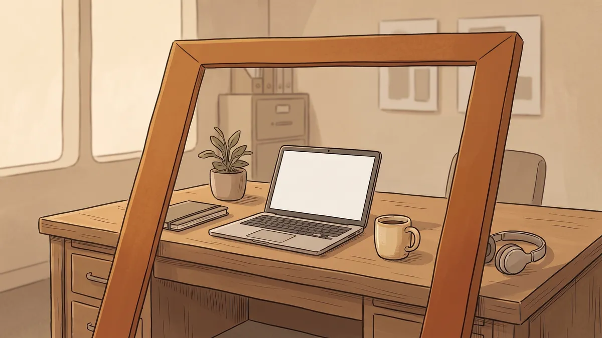 An oversized geometric frame towering over a laptop on a small-town municipal desk.