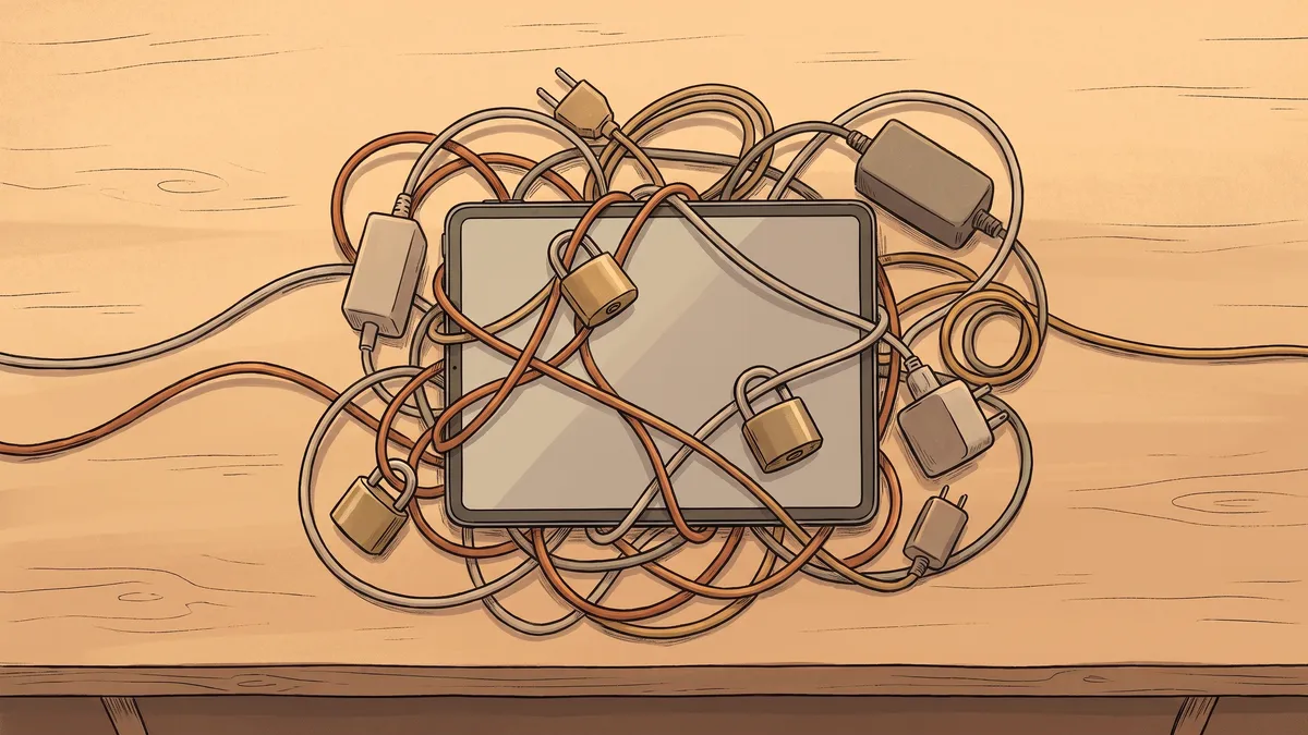 A digital tablet on a wooden counter tangled in a web of colorful power cables and brass padlocks.
