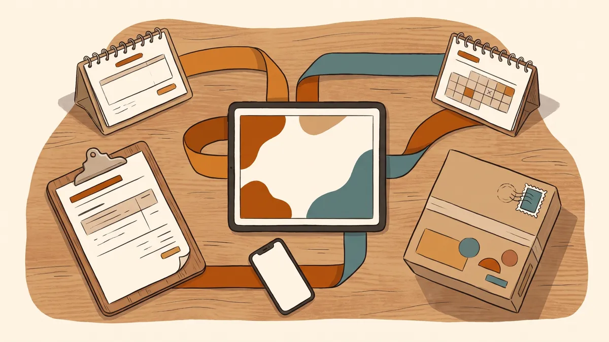 A tablet on a wooden counter connected by colorful fluid shapes to a phone, clipboard, calendar, and parcel.